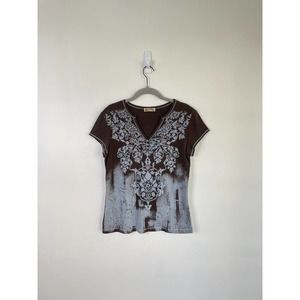 Blue and Brown Y2k Vintage Style T-shirt (Large)